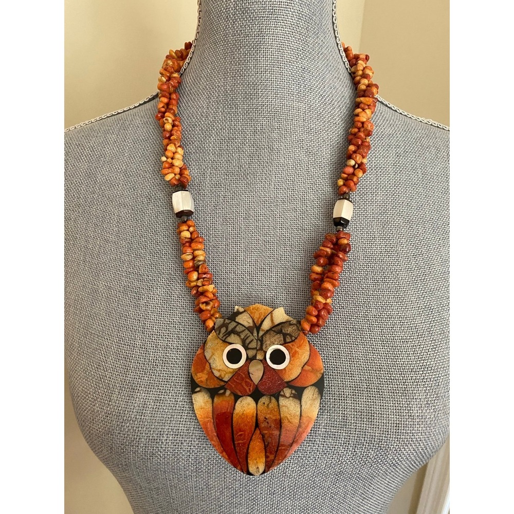 Vintage Owl Pendant Seed Bead Necklace Lee Sands Inlay
